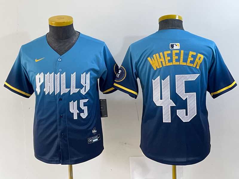 Youth Philadelphia Phillies #45 Zack Wheeler Blue 2024 City Player Number Cool Base Stitched Jersey,We sell and wholesale Youth Philadelphia Phillies #45 Zack Wheeler Blue 2024 City Player Number Cool Base Stitched Jersey on line form chian!